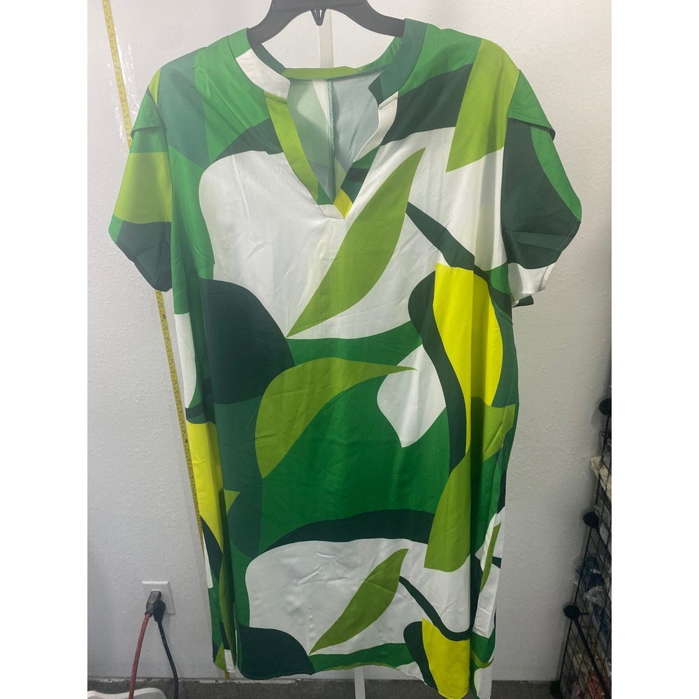 Green Yellow Abstract Leaf Print Shift Dress Short Sleeve V-Neck Mini Dress